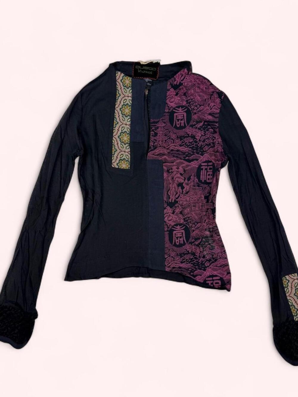 Custo Y2K Japanese Inspired Long Sleeve Top with semi sheer fabric & fuzzy cuffs